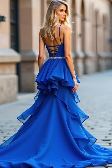 Sparkly Royal Blue A Line Ruffles Beaded Long Formal Dress with Slit